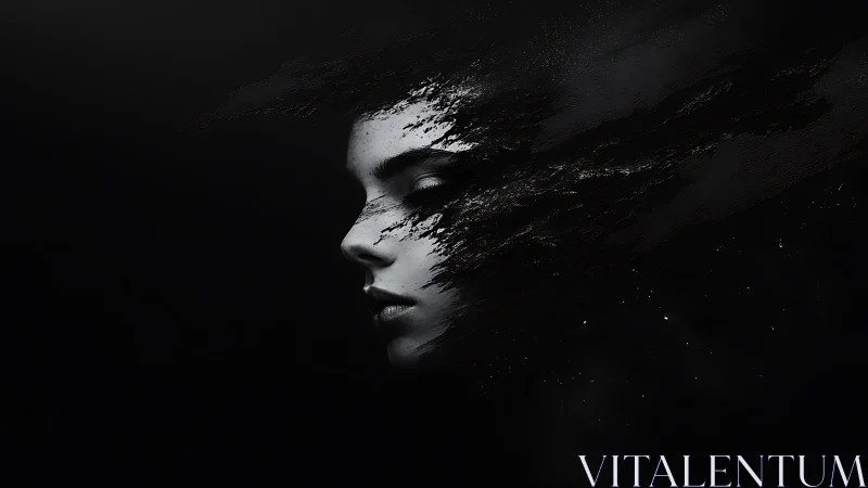 Monochrome female profile dissolves into abstract dark strokes