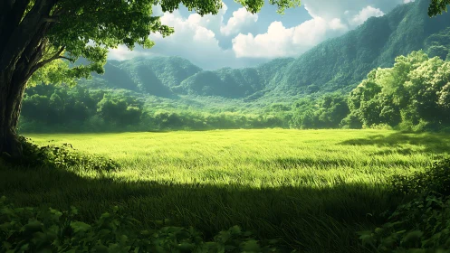 Sunlit meadow opens before densely forested mountain range