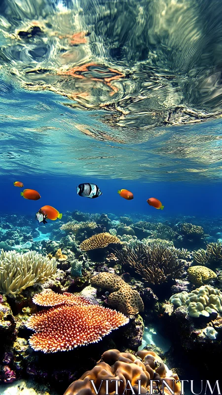 High-clarity coral reef biome with tropical fish and caustic surface optics