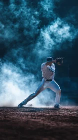Baseball pitcher in dynamic windup framed by cinematic smoke