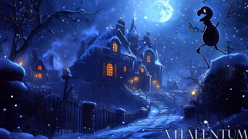 Snowy haunted mansion under moonlit winter sky.