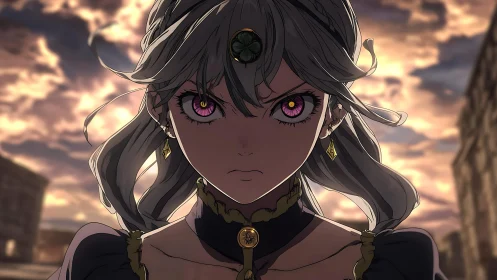 Stormlit gaze of a determined anime heroine at dusk.