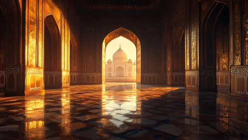 Sunlit marble hall frames distant white domed mausoleum