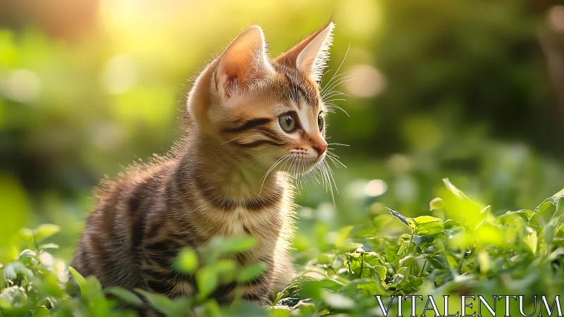 Tabby kitten positioned in grass with diffused background