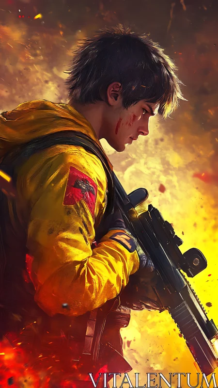 Battle-hardened soldier grips rifle amid blazing inferno