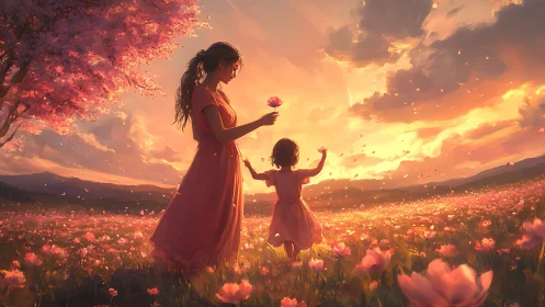 Soft sunset embraces mother and child in glowing meadow