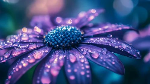 Dewy Purple Daisy Macro: Iridescent Petals and Blue Nucleus.