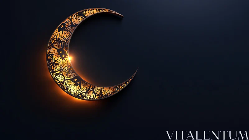 Crescent moon with internal filigree and warm backlighting.