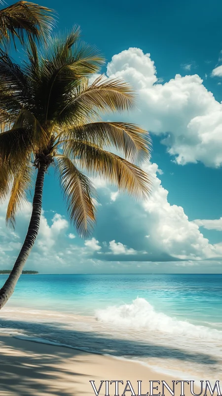 Tropical Palm Beach Scene with Ocean and Sky.