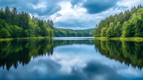 Calm forest lake reflects dense tree line under cloudy sky