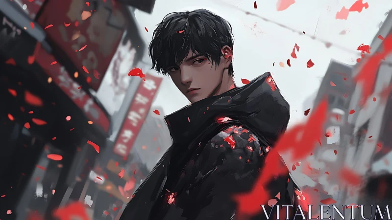 Brooding youth in urban street scene with dynamic red petals