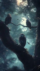 Moonlit council of owls keeps silent watch in misty forest