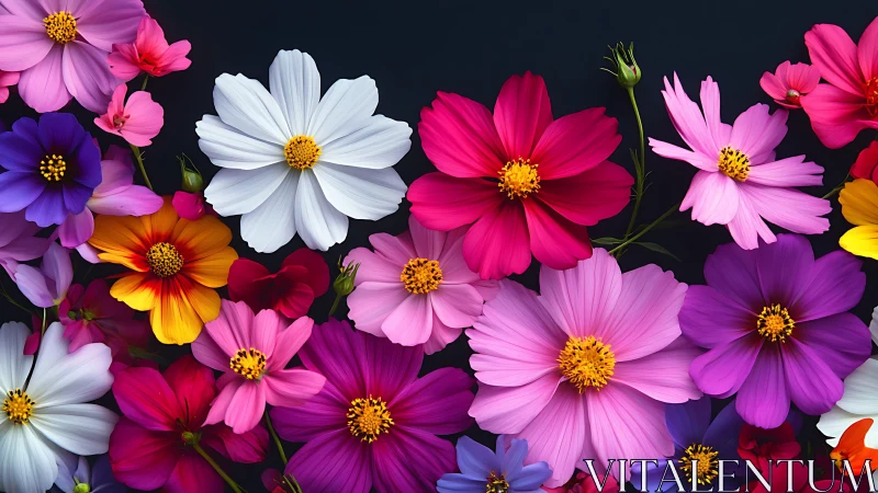 Vibrant Cosmos Flowers Against Dark Background.