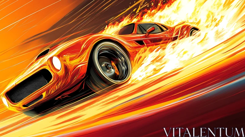 Blazing muscle car bursts forward in a trail of fire