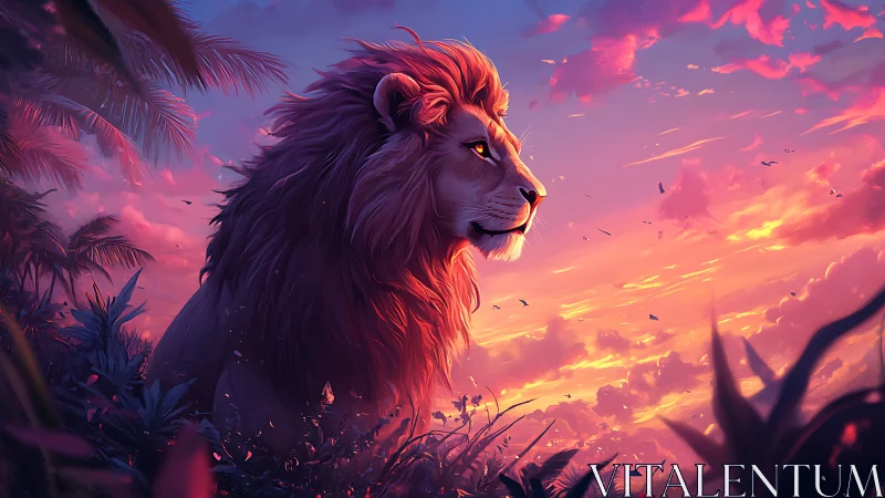Majestic lion profile against vivid tropical sunset sky.