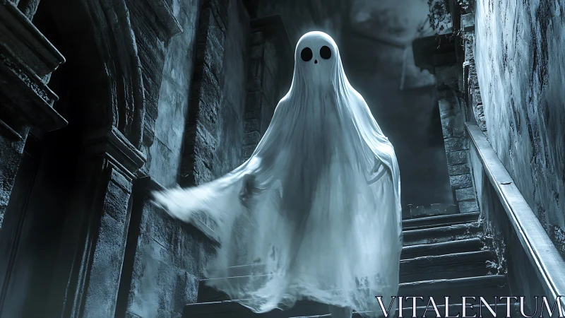 Ghostly figure descending worn stone staircase at night.
