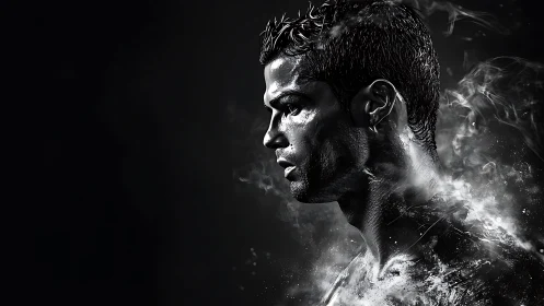 Brooding athlete in swirling monochrome mist portrait.