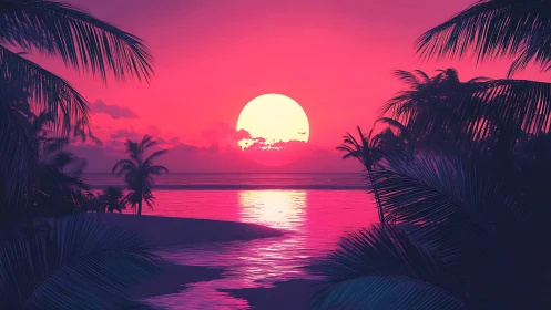 Neon tropical sunset over palm-framed reflective shoreline.