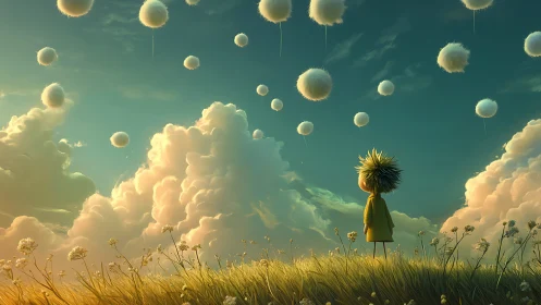 Dreamlike child in golden meadow beneath floating orbs.