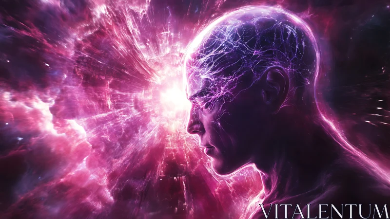 Human profile glows with radiant cosmic neural energy burst