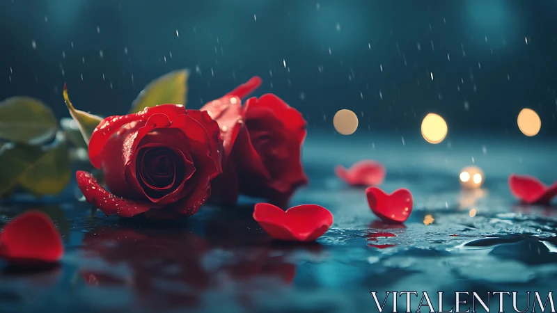 Red Rose with Scattered Petals in Rainfall Scene.