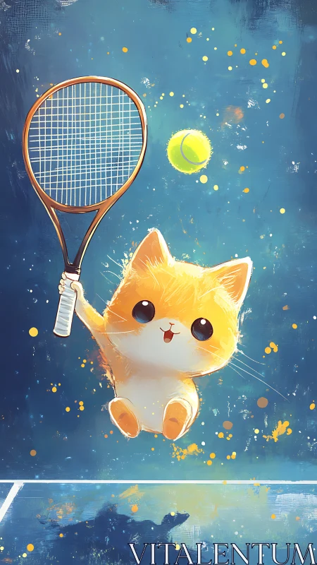 Playful kitten leaps for a joyful tennis shot under bright sky