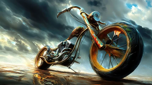 Custom chopper motorcycle under stormy cinematic sky
