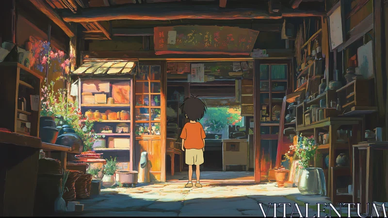 Child in wooden shop interior with shelves and pottery.