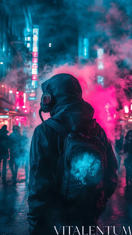Hooded figure with gas mask walks through neon street smoke