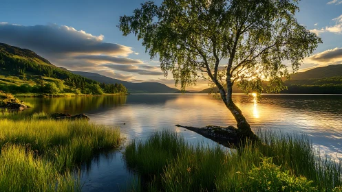 Golden lake sunset with a quiet tree and soft rolling hills.
