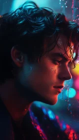 Neon rain portrait with cinematic bokeh and moody rim lighting.