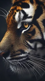 Tiger profile close-up with sharp whiskers and striped fur.