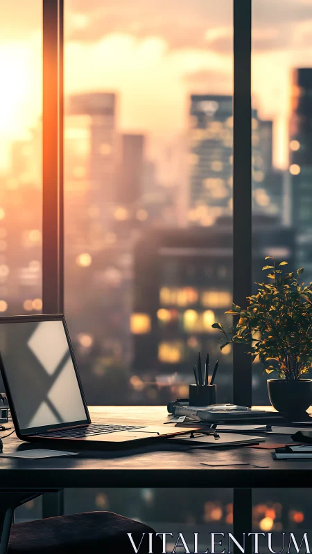 Sunset Office Workspace with Cityscape View