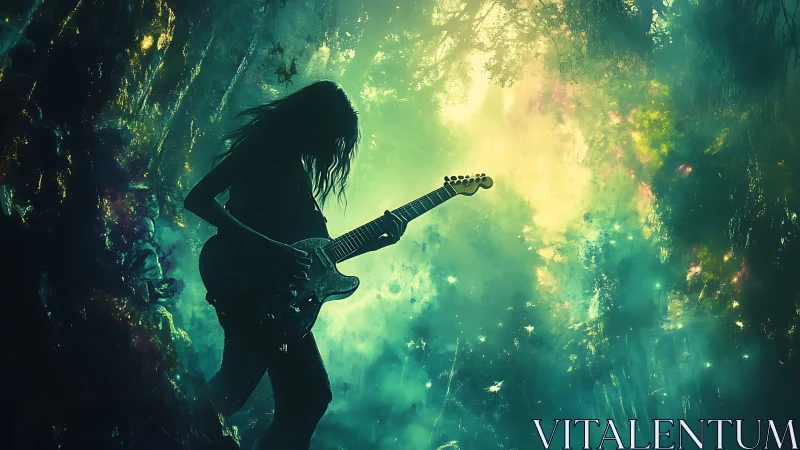 Silhouetted guitarist in dense misty forest environment.