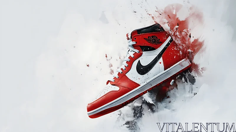 Red and white high top sneaker in dynamic splash art.