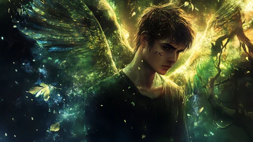 Brooding winged dreamer drifting through emerald starlight.