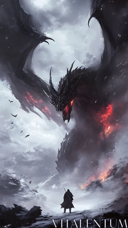 Volcanic-shadow dragon confronting lone cloaked warrior