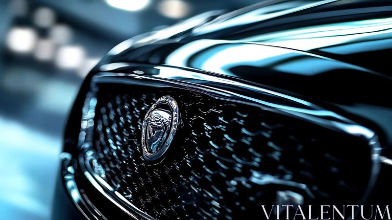 Luxury performance car grille with chrome emblem closeup.