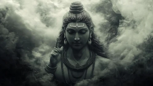 Divine stone figure emerges from swirling monochrome mist.