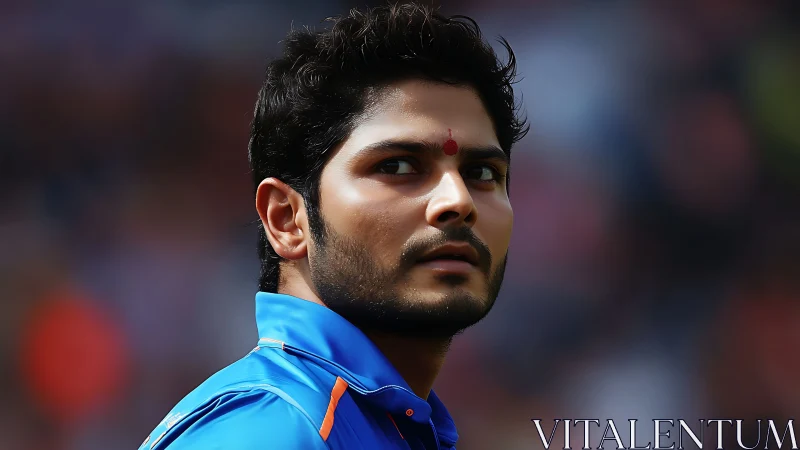 Strong young cricketer gazes ahead with calm determination