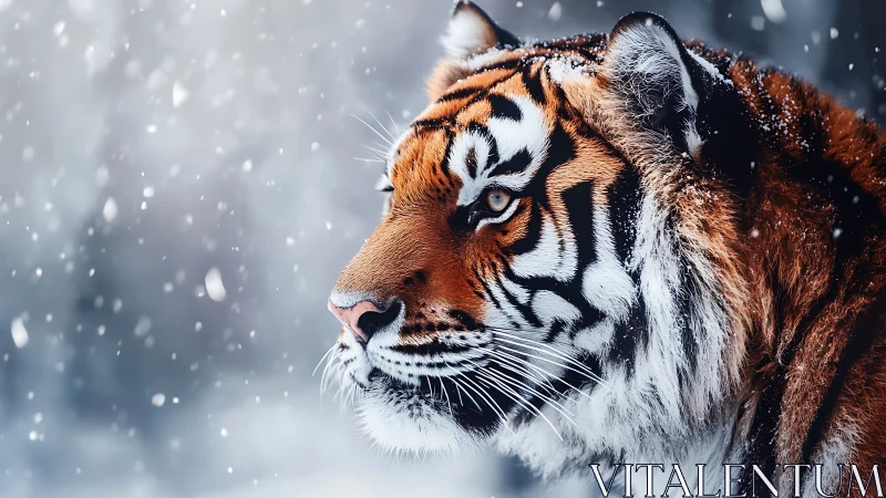 Tiger stands in falling snow with sharply focused profile