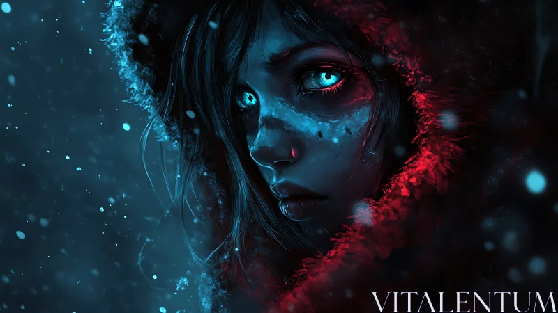 Ice-marked gaze carves neon fire through the midnight snow