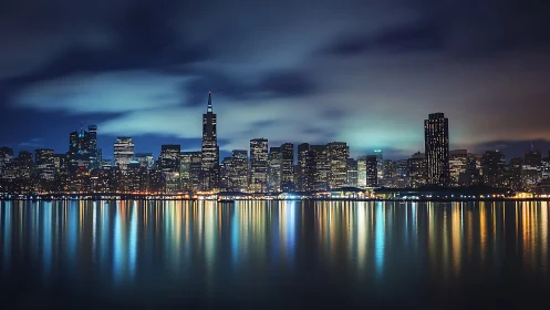Nocturnal waterfront skyline with luminous spectral reflections.