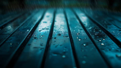 Wet slatted surface is shown under falling rain at night