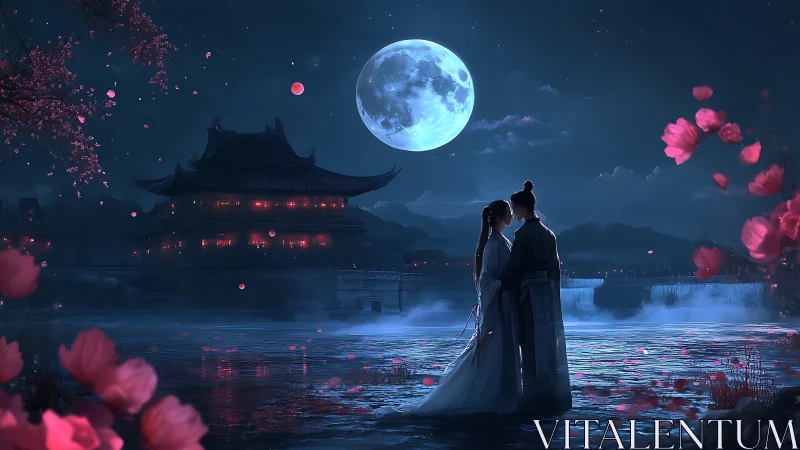 Moonlit Pagoda Romance: Full Moon Celestial Silhouette Composition