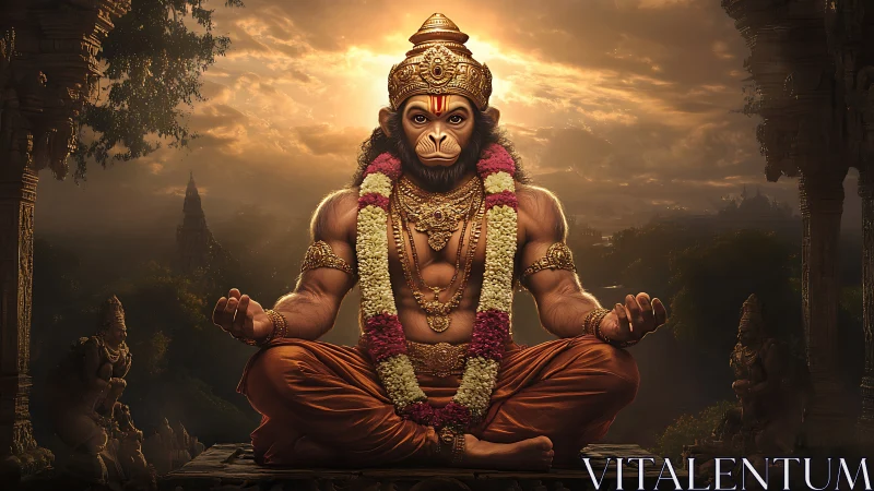 Radiant simian deity in meditative temple sunset glow.