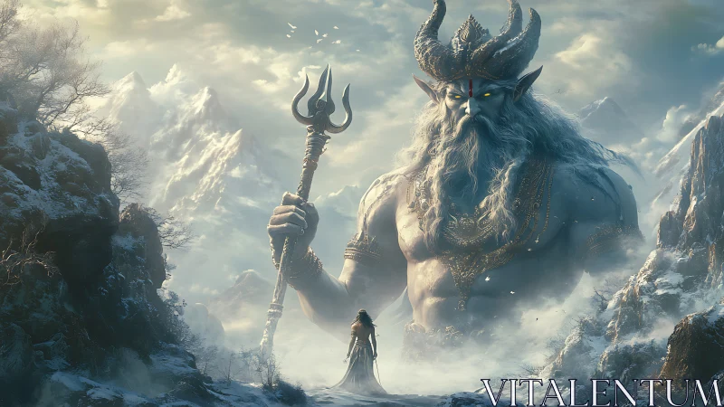 Giant horned ice god confronting lone figure in mountains.