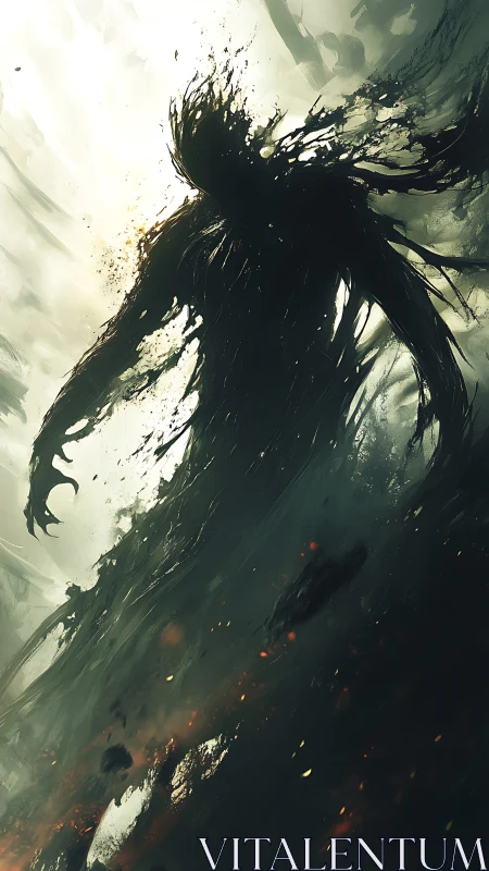 Shadowborne colossus rising from stormlit emberscape.