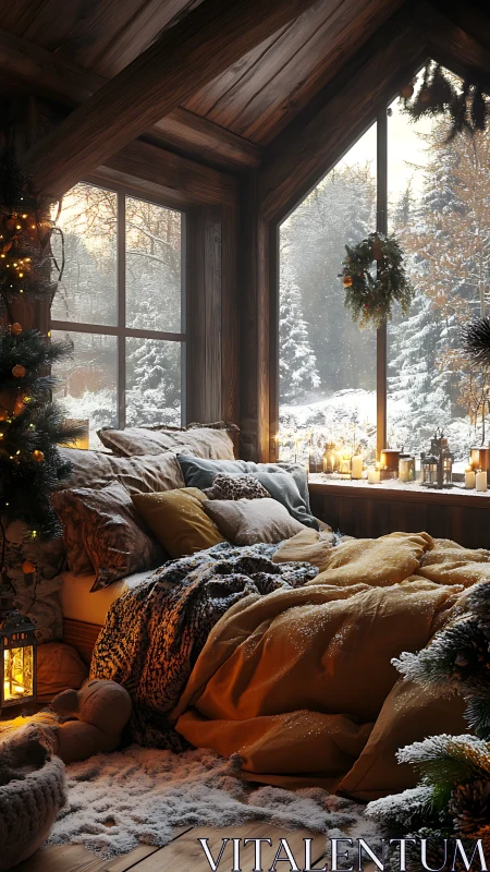 Snow-dusted winter bed nook glowing with candlelit calm.