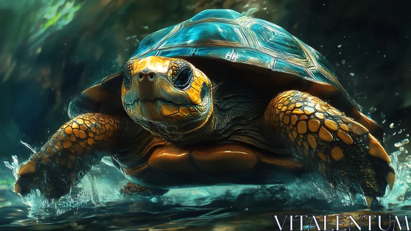 Digital depiction of a turtle moving through shallow water.